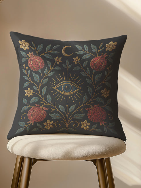 Square pillowcase featuring a mystical eye motif surrounded by embroidered-look gold rays, deep red pomegranates, and curling blue-green vines with floral accents on a black background. Made from premium polyester with a linen-texture feel, available in 18x18 and 22x22 inches, printed on both sides with hidden zipper. Perfect for dark academia and gothic home decor.